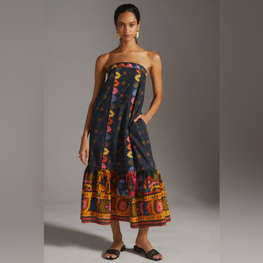 FARM Rio Navy Strapless Floral Border Midi Dress